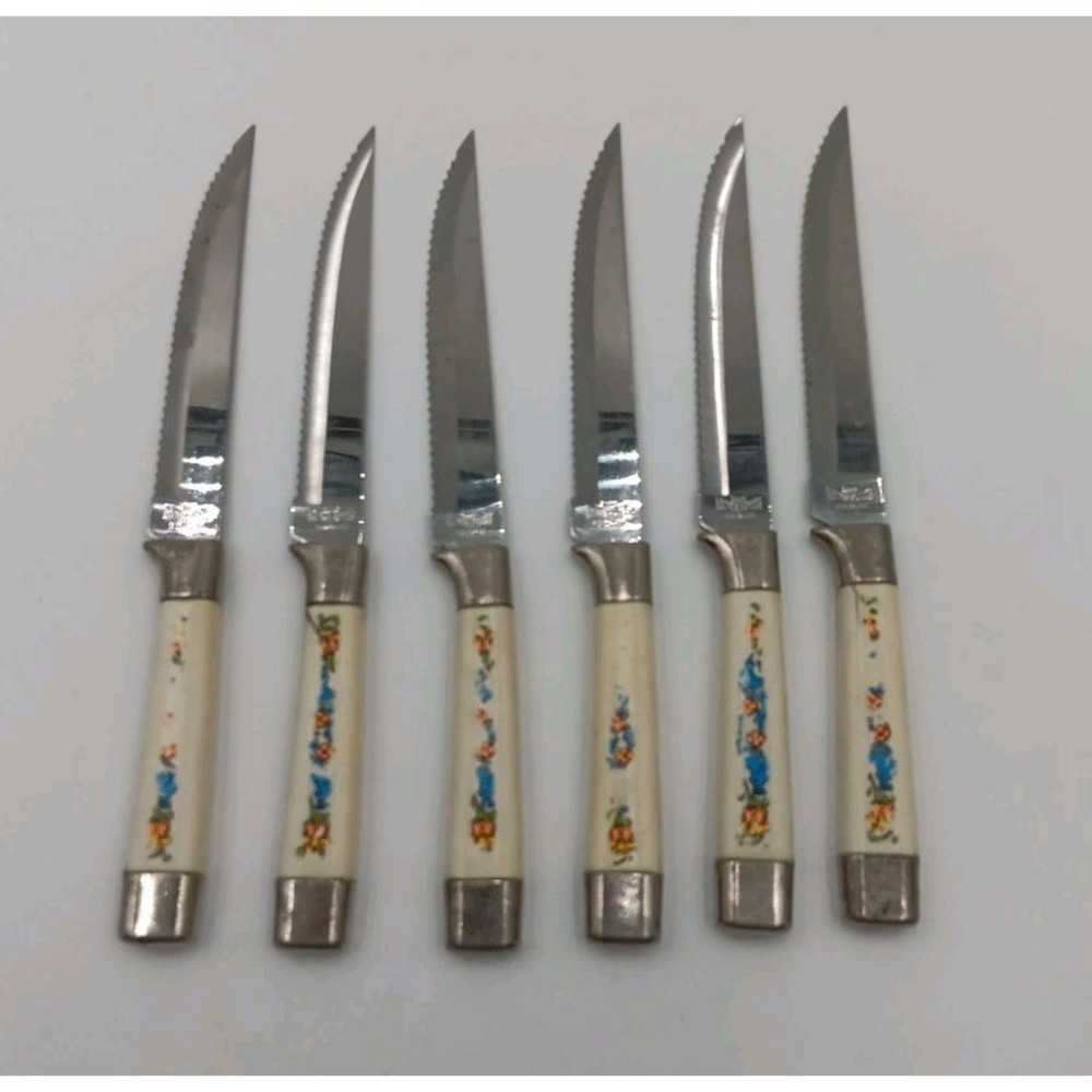 6 VTG Steak Knives‎ Plastic Handle Blue Bird Orange Stainless
